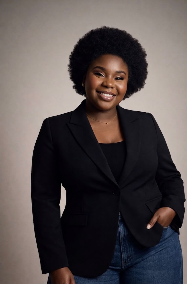 A woman smiling confidently, standing in soft studio light